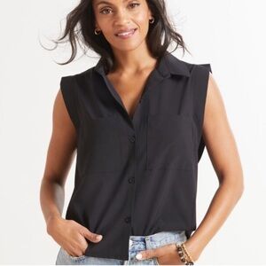 Evereve Scout Utility Button Down Top Performance Rib Knit Side Panel Stretch.XS
